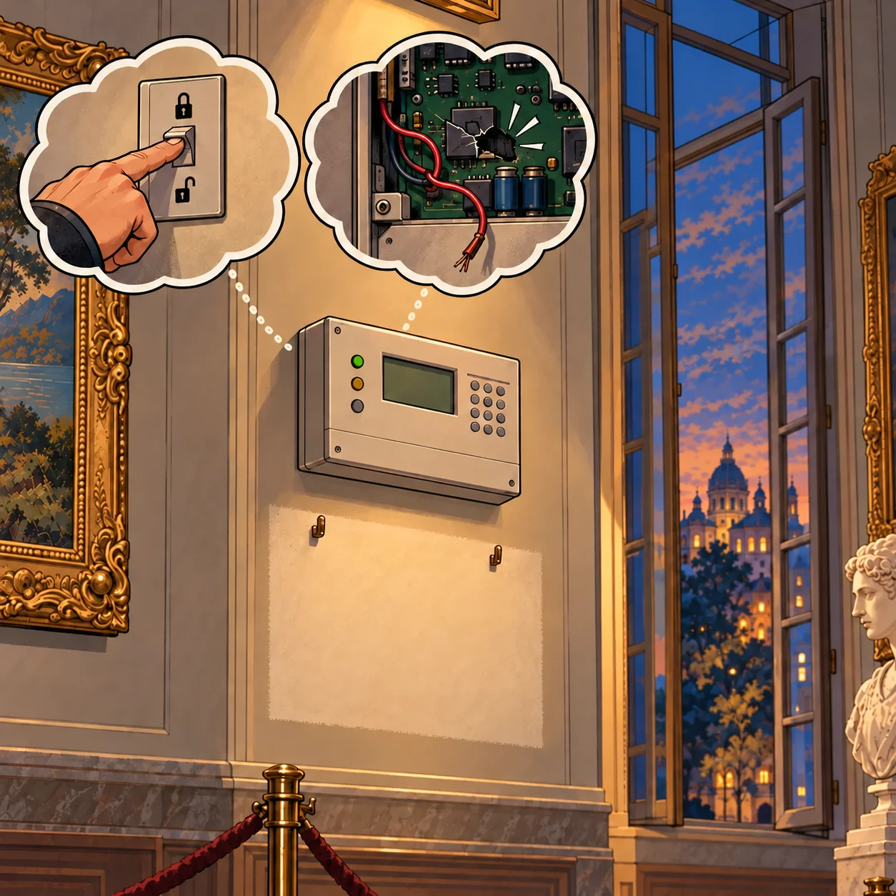 A silent alarm near the open window. Two thought bubbles show possible explanations: disarming and a fault.