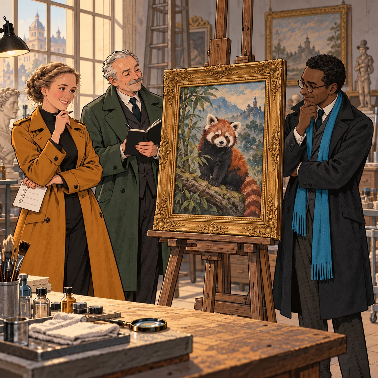 Sinalors, Déjàvu and CQFD surround The Red Panda, found on an easel in the conservation workshop.
