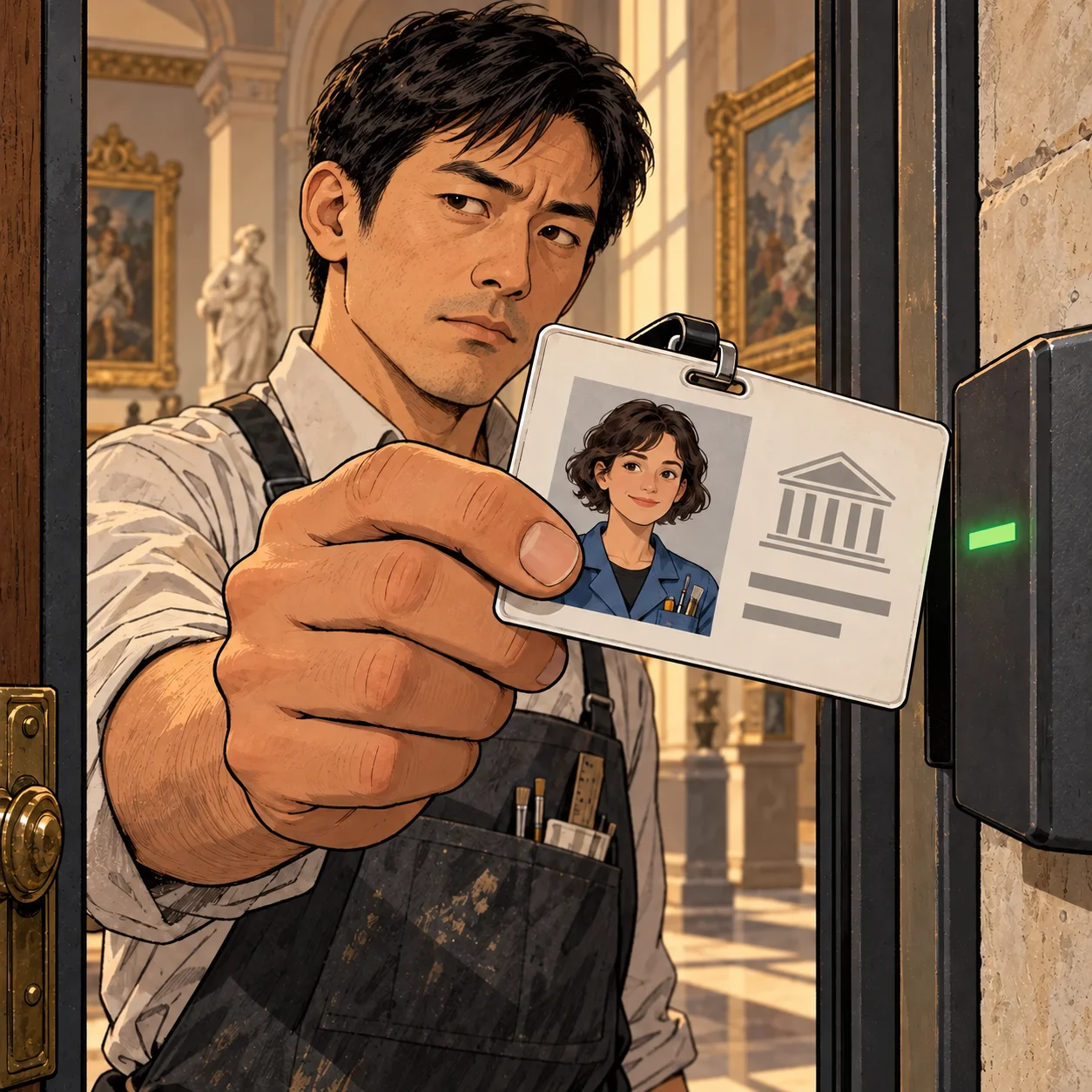 The conservator holds a badge bearing the technician’s portrait up to a reader: the person using the card is not its owner.