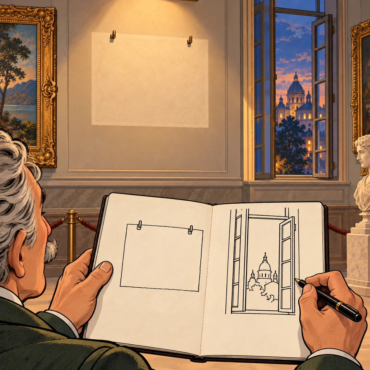 Déjàvu sketches the empty spot and open window in his notebook. His sketch keeps these features of the museum but leaves out the sculptures, frames and lighting.