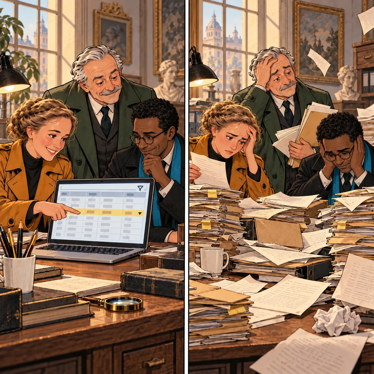 On the left, the three detectives find a row in a filtered spreadsheet. On the right, they struggle to find information among unsorted files and papers.